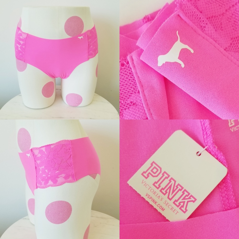 Victoria's Secret PINK Cheekster Tanga Neon Pink Lace Panty Iconic Dog Logo NWT